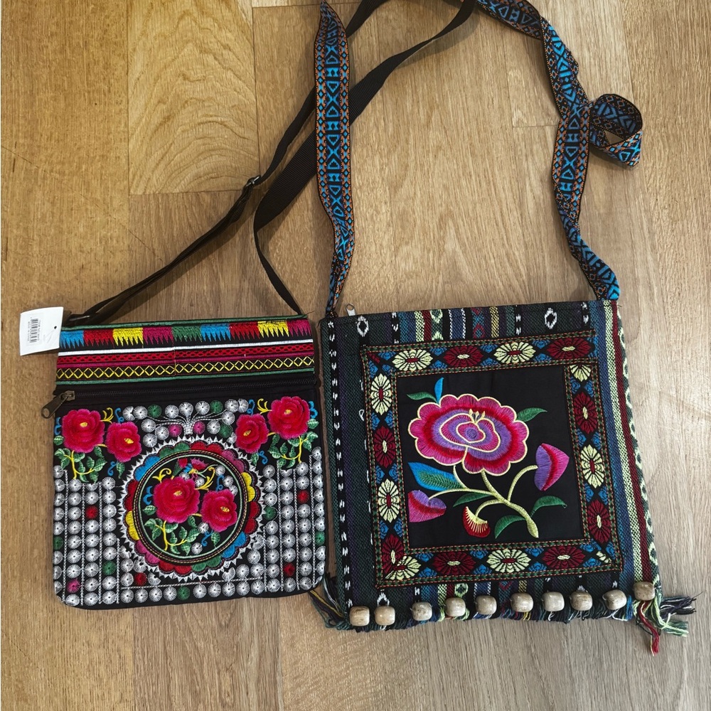 2 New Bohemian Embroidered Floral Crossbody Bags